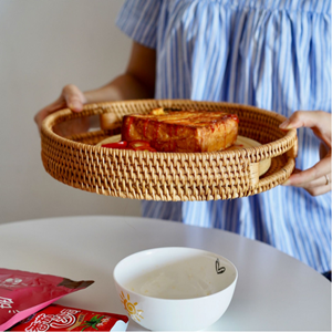 13.8 inch Round Rattan Tray, Decorative Coffee Table Tray, Ottoman Tray, Woven Serving Tray with Handles, Wicker Serving Basket, Whitewash