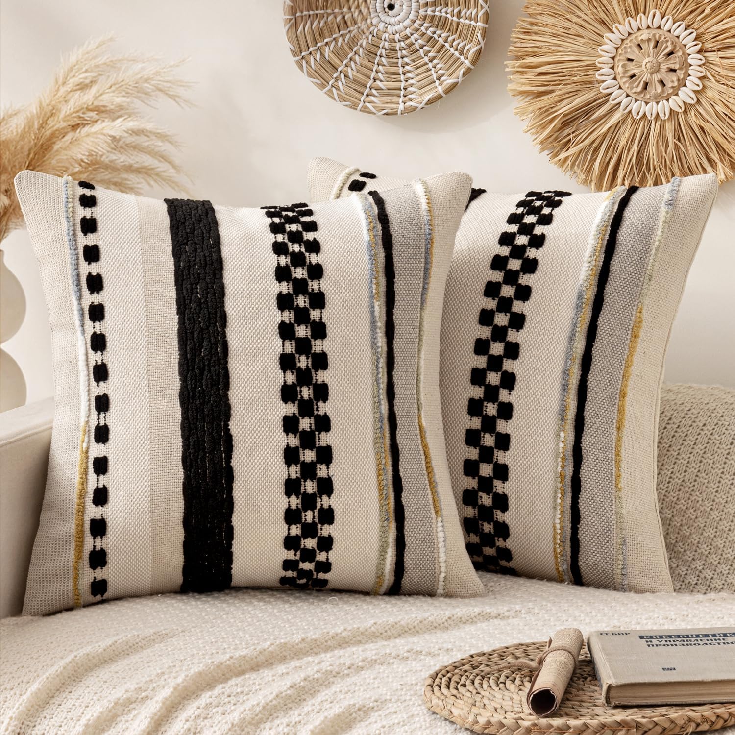 ANRODUO Pack of 2 Boho Decorative Throw Pillow Covers 18x18 Farmhouse Cushion Case Striped Chenille Pillow Cases Square Pillow Covers Accent Neutral Pillowcase for Sofa Couch Bed, Olive Green Stripe