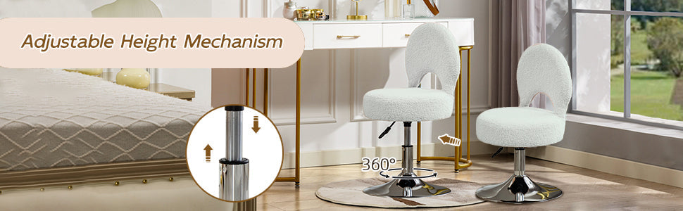 Small Vanity Chair, 360 Swivel Vanity Stool with Folding Back for Teenager, Comfy Teddy Ottoman Stool for Bedroom, Dressing Room, Teddy Fabric, White