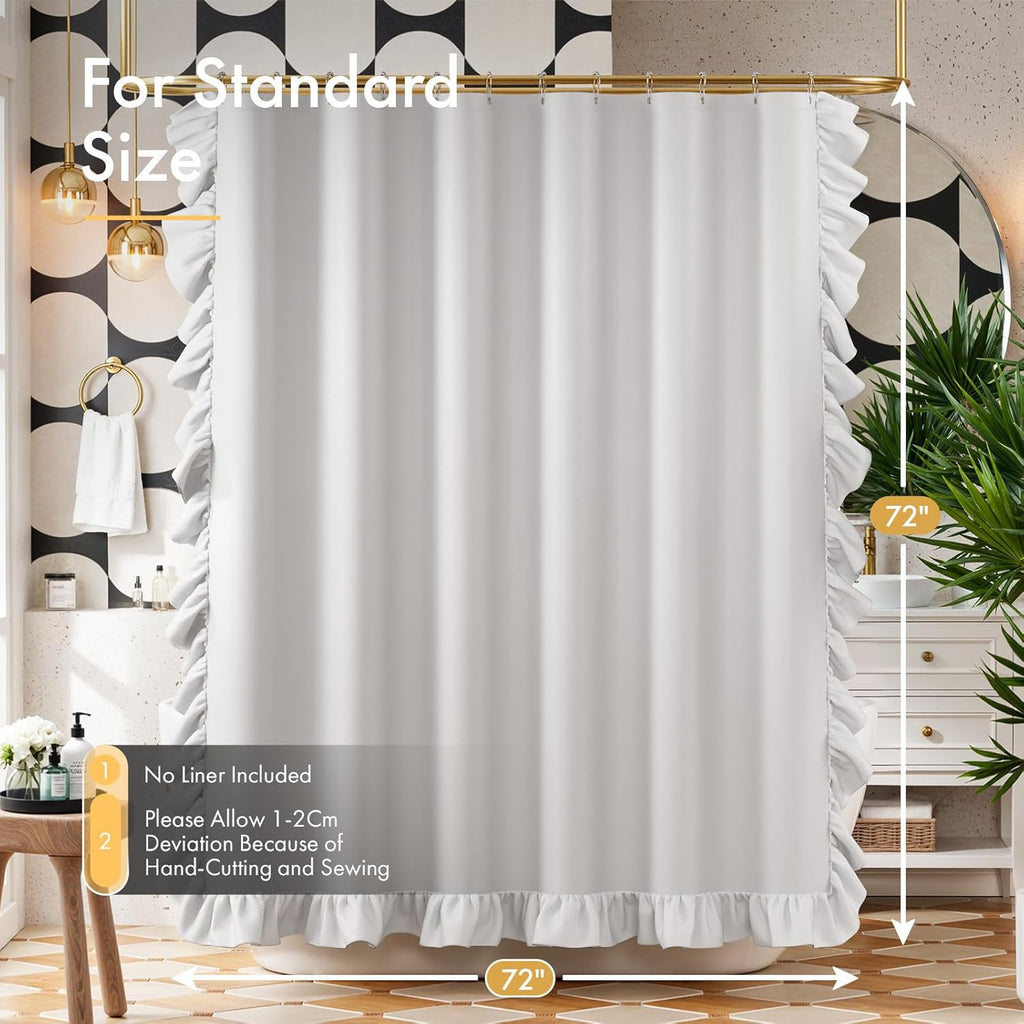 Ruffle Shower Curtain with Three-Side Ruffle, Solid White Farmhouse Curtains, Soft Flowy Layered Fabric, Elegant Spa Style, Clean Minimal Look, Water Repellent,12 Metal Hooks, 72" W x 72" L