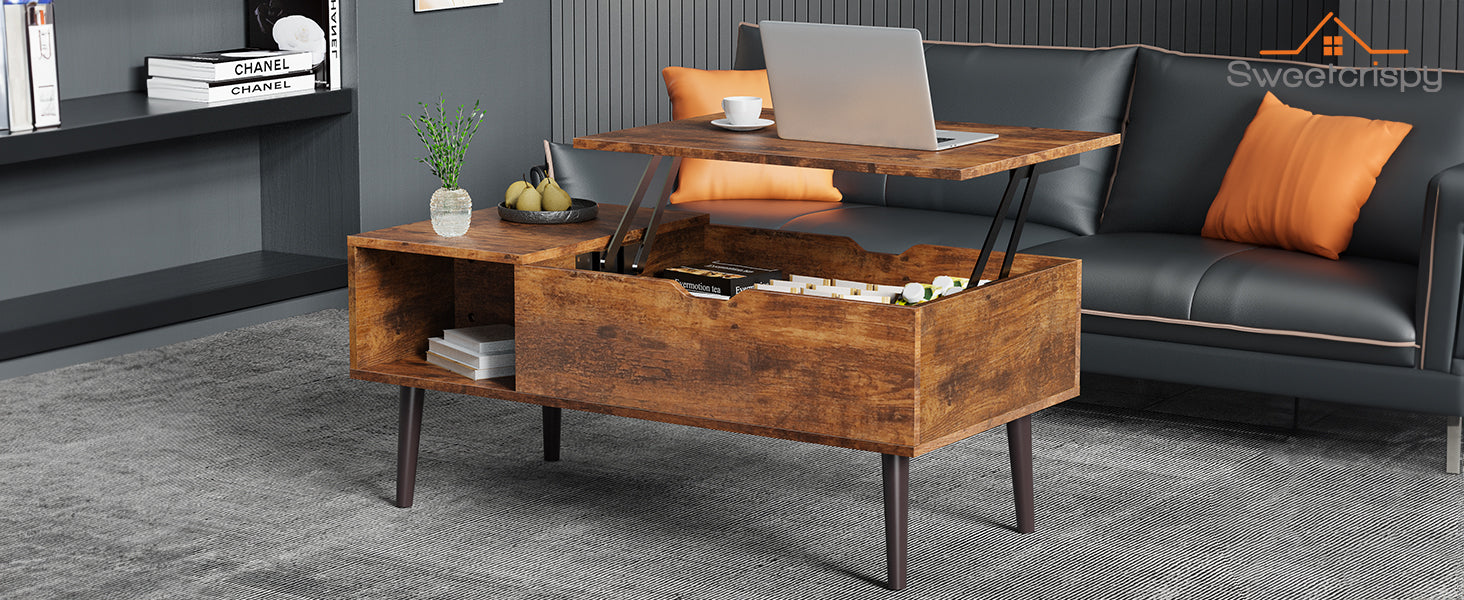 Sweetcrispy Lift Top Coffee Tables for Living Room, Small Rising Wooden Center Tables with Storage Shelf and Hidden Compartment, Brown | Lift Top, Coffee Tables, for Living Room, Rising, Dining Center Tables, with Storage Shelf