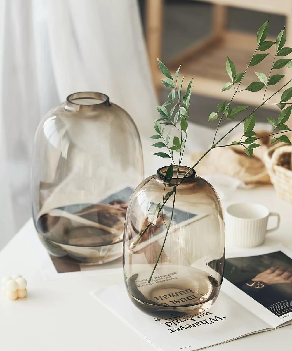 Brown Glass Vase Round Clear Colored Flower Vase for Centerpiece Long Stem Branch Fresh Artificial Plant Bottle Modern Home Indoor Decoration (Brown)