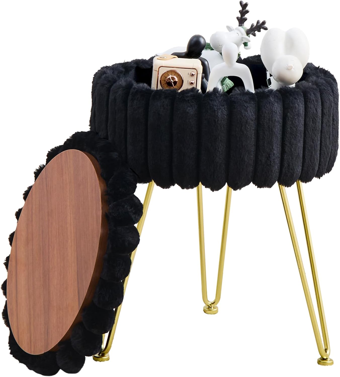 Vanity Stool with Storage, Faux Fur Ottoman Chair with Metal Legs, Round Makeup Vanity Chair for Bedroom or Dressing Table, Modern Small Ottoman Seat (Pink)