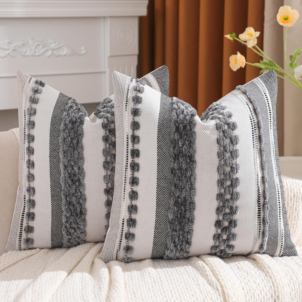 Grey Throw Pillow Covers 18x18 Set of 2 Boho Stripe Pillow Covers Tufted Decorative Pillow Case Accent Pillowcase Farmhouse Cushion Case Nuetral Textured Pillow Cover Spring Home Decor