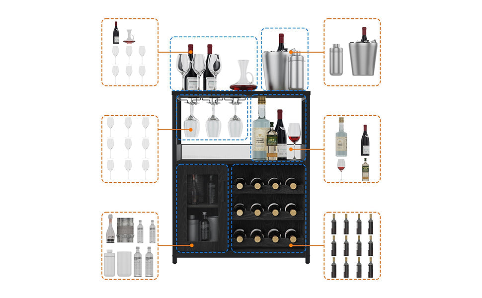 GAOMON Coffee Wine Bar Cabinet with Storage and Detachable Rack, Farmhouse Sideboard and Buffet Cabinet with Glass Holder and Mesh Door, Liquor Coffee Bar Cupboard, Black