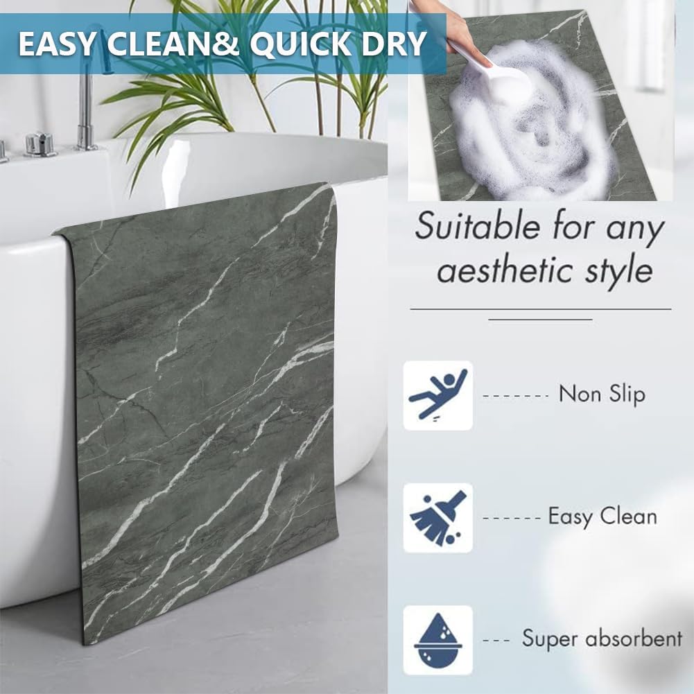 Rug Custom Size-Rubber Non Slip Quick Dry Super Absorbent Thin Rugs Fit Under Door-Washable Bathroom Floor Mats for in Front of Bathtub,Shower Room,Sink, Gray Marble, 3' x 5'