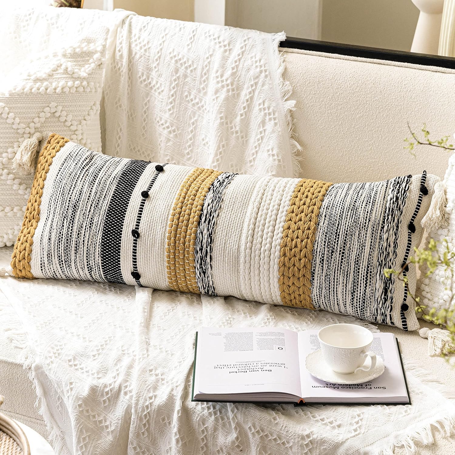 BlissBlush Coastal Blue Decorative Lumbar Pillow Cover 14x36 Boho Long Body Pillow for Bed Farmhouse Lumbar Throw Pillow for Couch Modern Accent Textured Throw Pillowcase