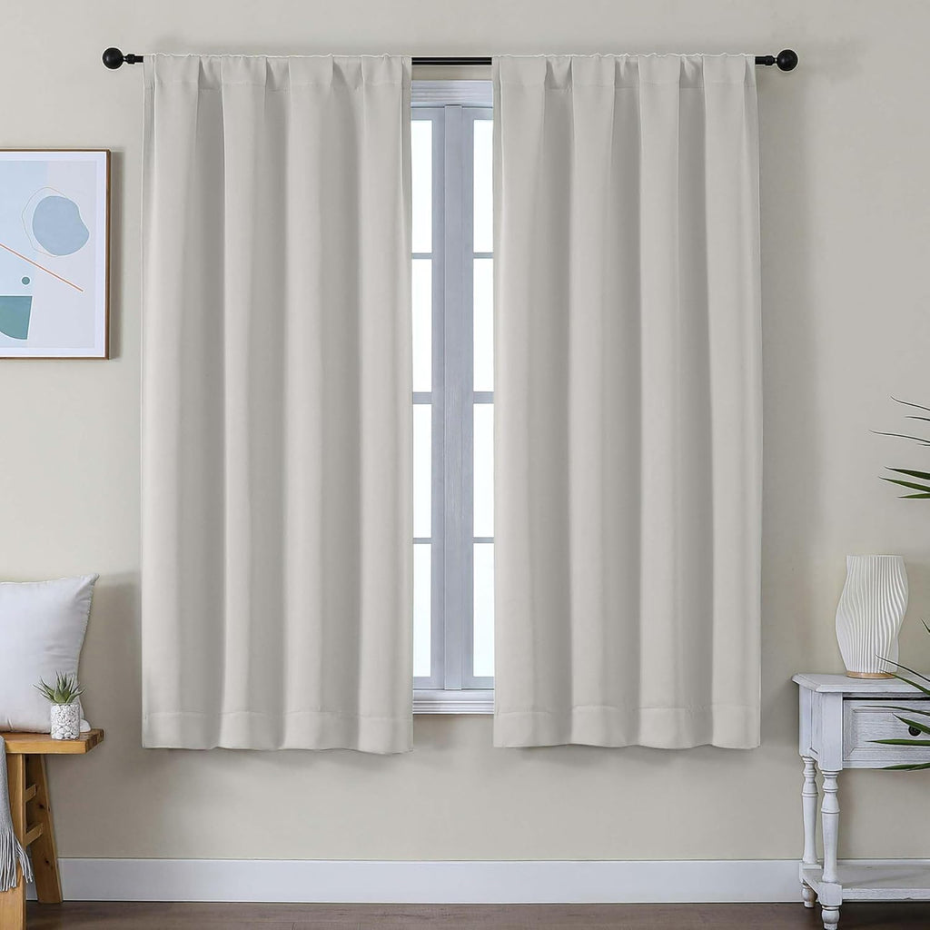 Natural Blackout Curtains for Bedroom 63 Inch Length 2 Panels Set, Solid Thermal Insulated Energy Saving Rod Pocket Window Treatment Curtains Blackout Drapes, W40 x L63 Inch, Natural