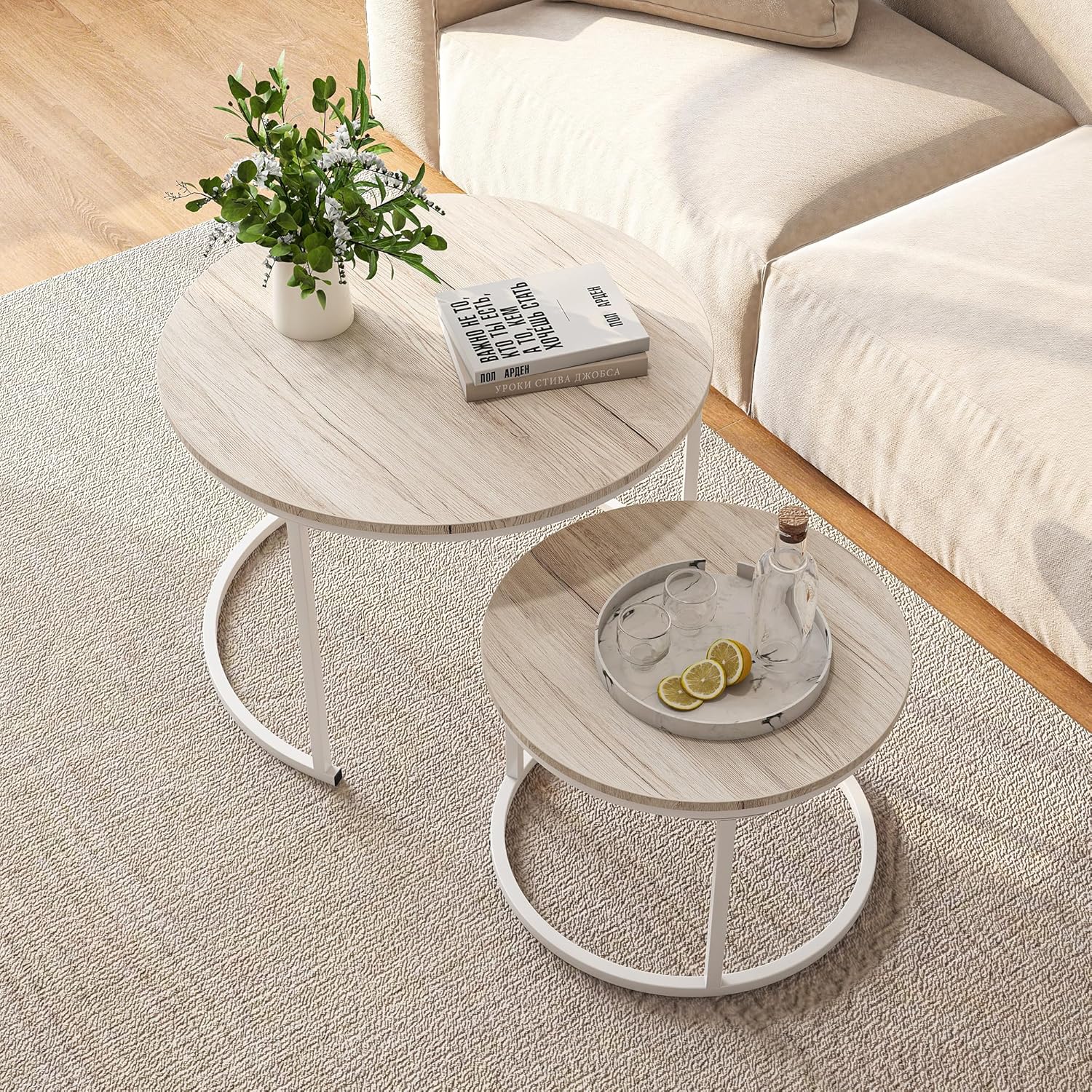HOJINLINERO Round Coffee Table,Nesting Coffee Table Set of 2,Center Tables for Living Room,Office, Home Small Space,Stacking Side Tables,Sturdy and Easy Assembly,Wood Desktop,Brown,Large