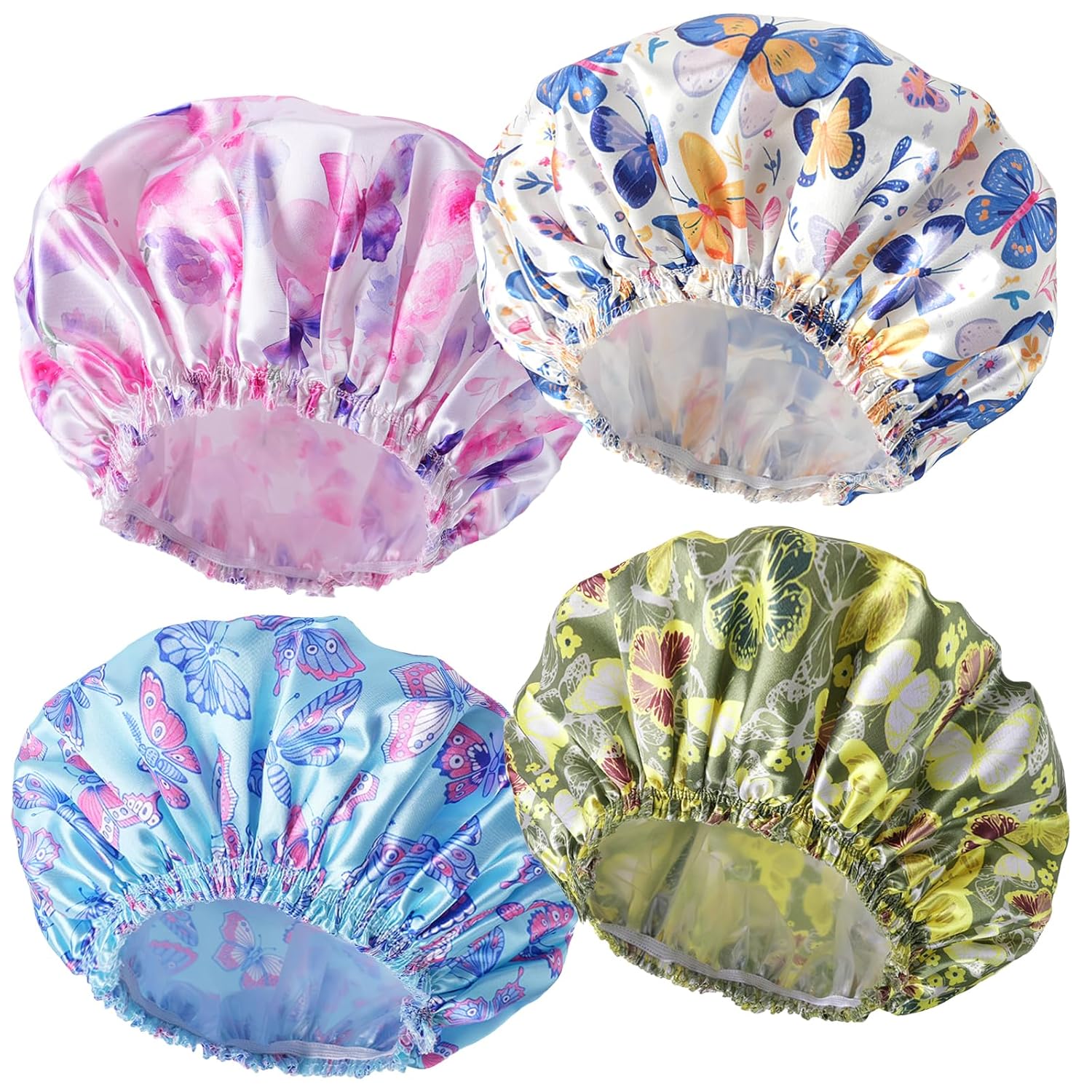 4 PCS Shower Caps for Women, Elastic and Reusable Bath Caps, Double Waterproof Layers Shower Cap, Bathing Shower Caps, Environmental Protection Hair Bath Hat - Printed Color