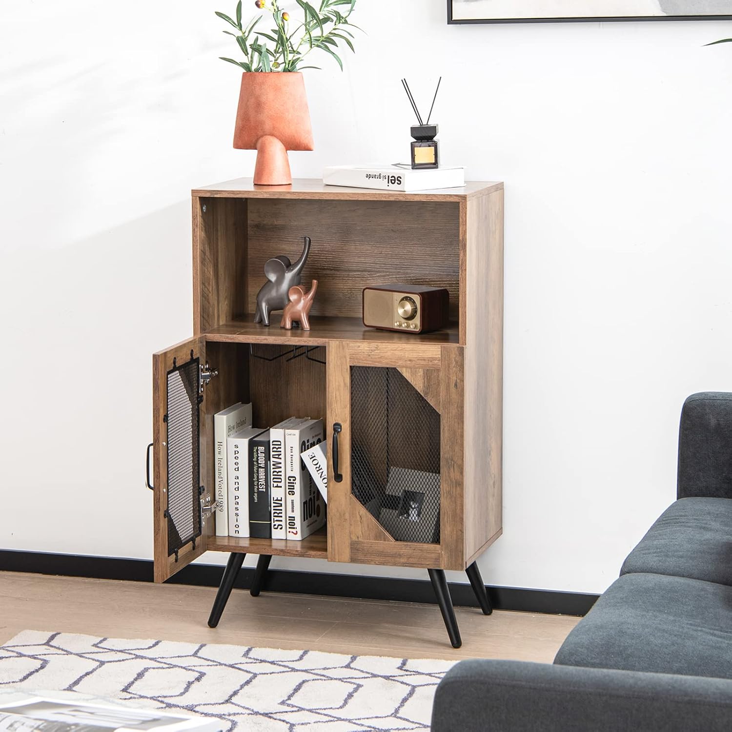Giantex Farmhouse Wine Bar Cabinet, 11 Bottles Rack, Buffet Cabinet with Storage, Industrial Kitchen Sideboard, Anti-Tipping Design, 2 Doors, Glass Holder, for Living Room (Brown & Black)